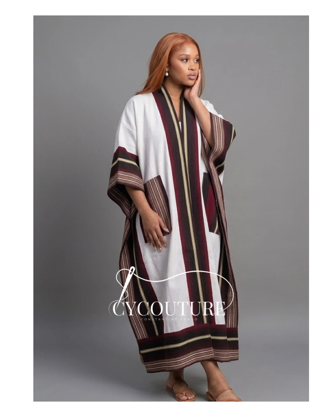 White aso oke kimono  with Striped Trim
