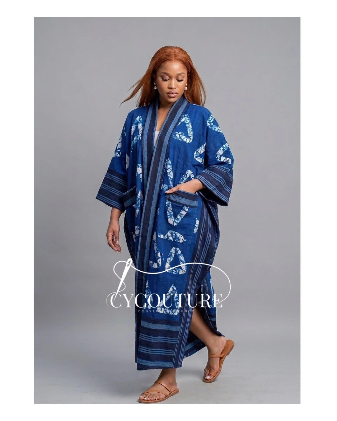 Blue Geometric Print Aso oke Kimono Robe