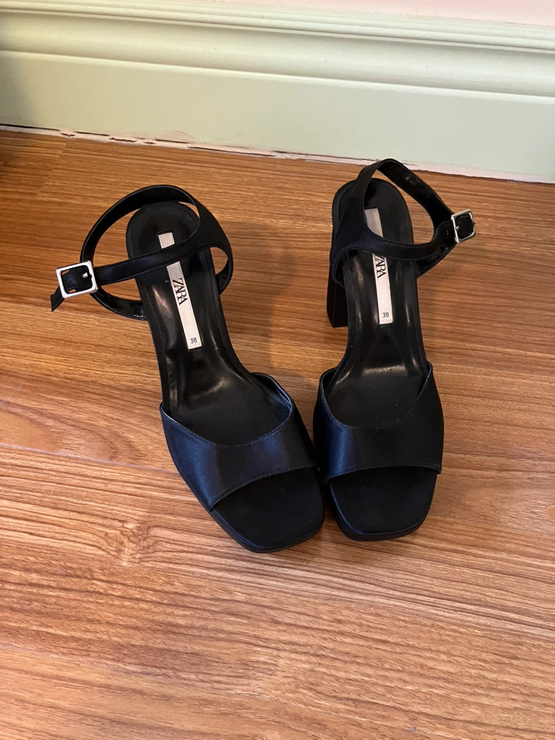 Zara Black Satin Block Heel Sandals Size 7.5-8
