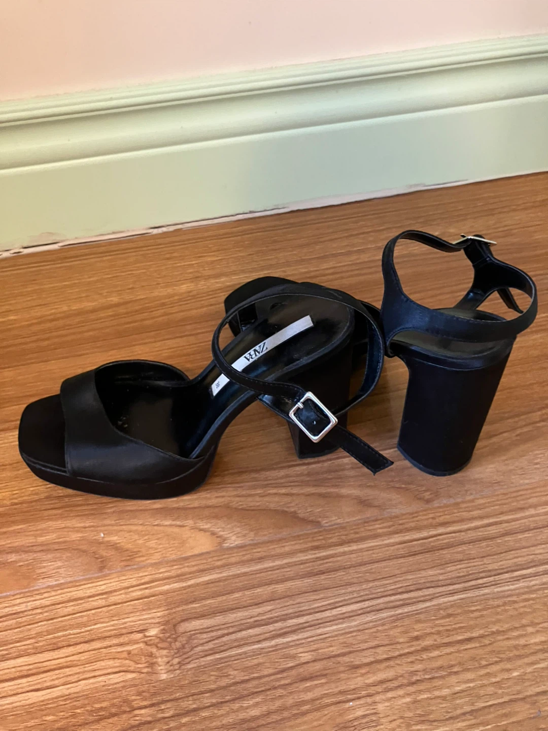 Zara Black Satin Block Heel Sandals Size 7.5-8 - photo 3