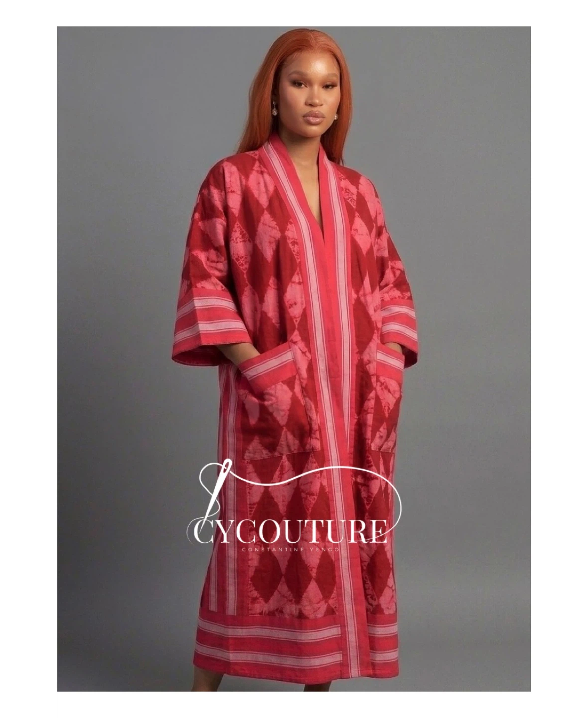 Red Diamond Print Kimono - Aso oke
