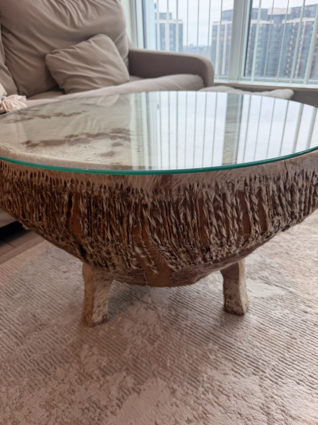 Round Cowhide Coffee Table with Glass Top - photo 2