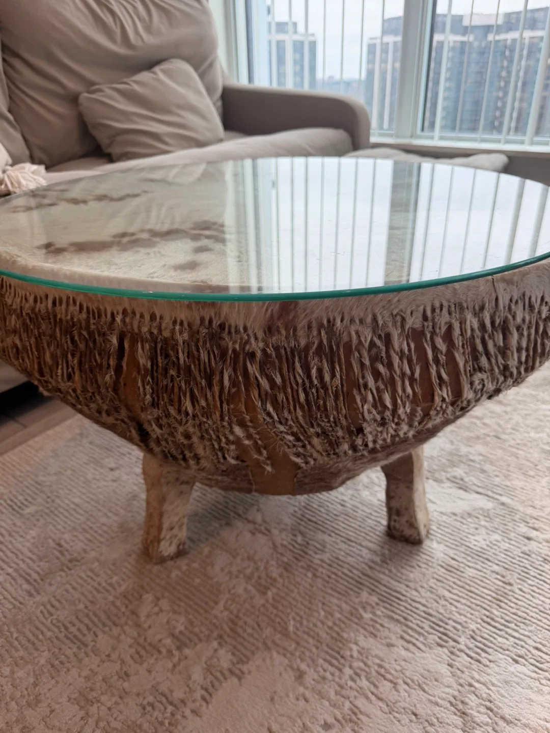 Round Cowhide Coffee Table with Glass Top - photo 2
