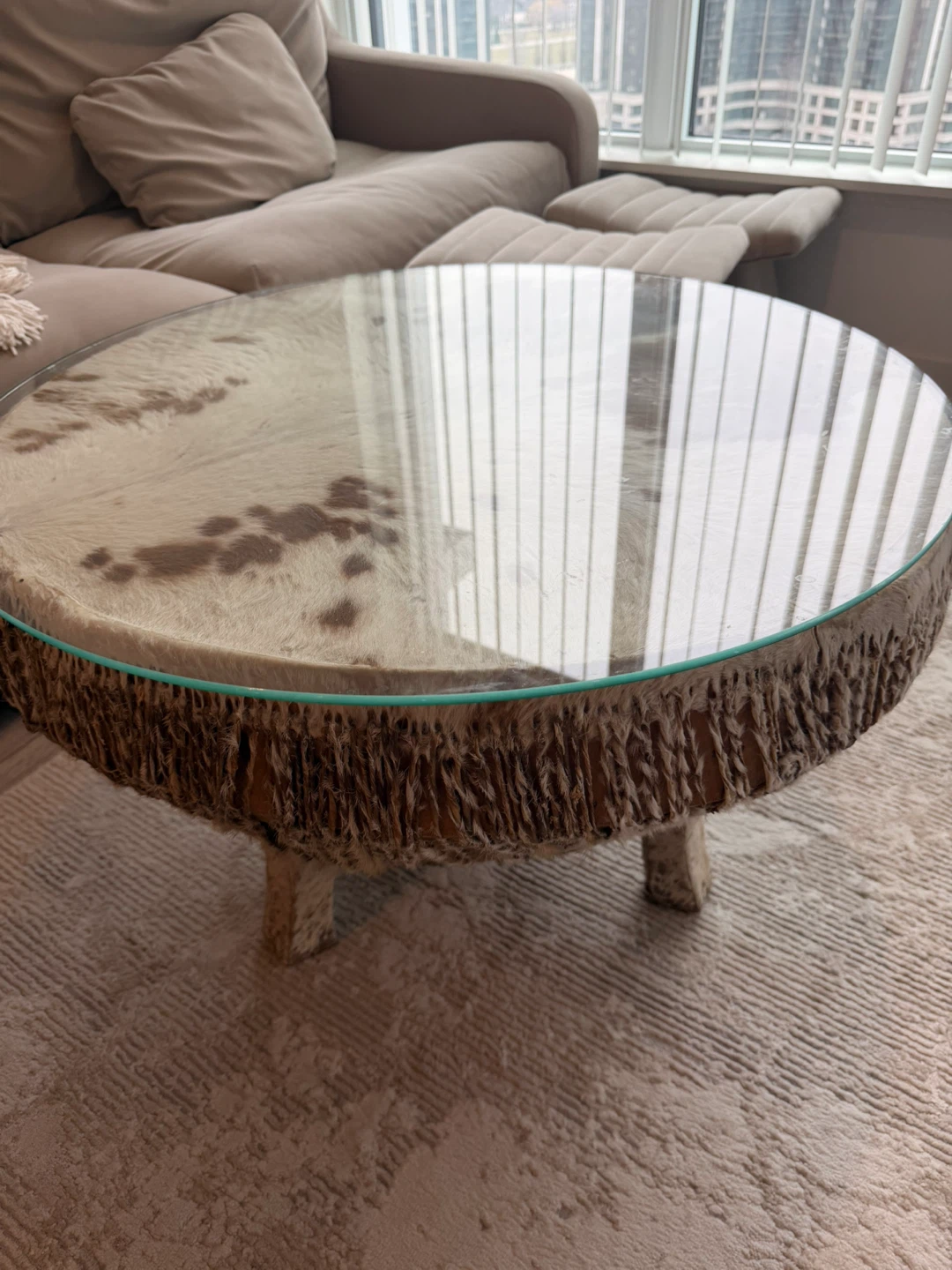 Round Cowhide Coffee Table with Glass Top - photo 3