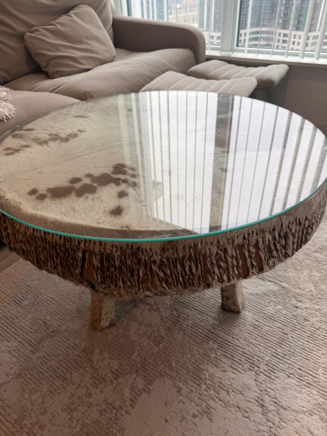 Round Cowhide Coffee Table with Glass Top - photo 3