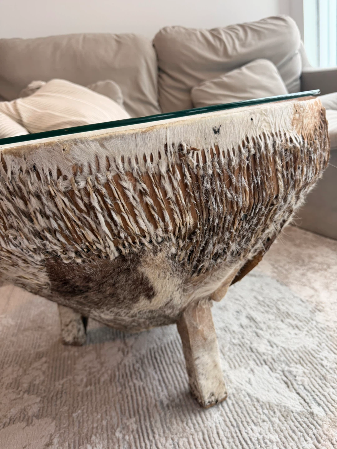 Round Cowhide Coffee Table with Glass Top - photo 4