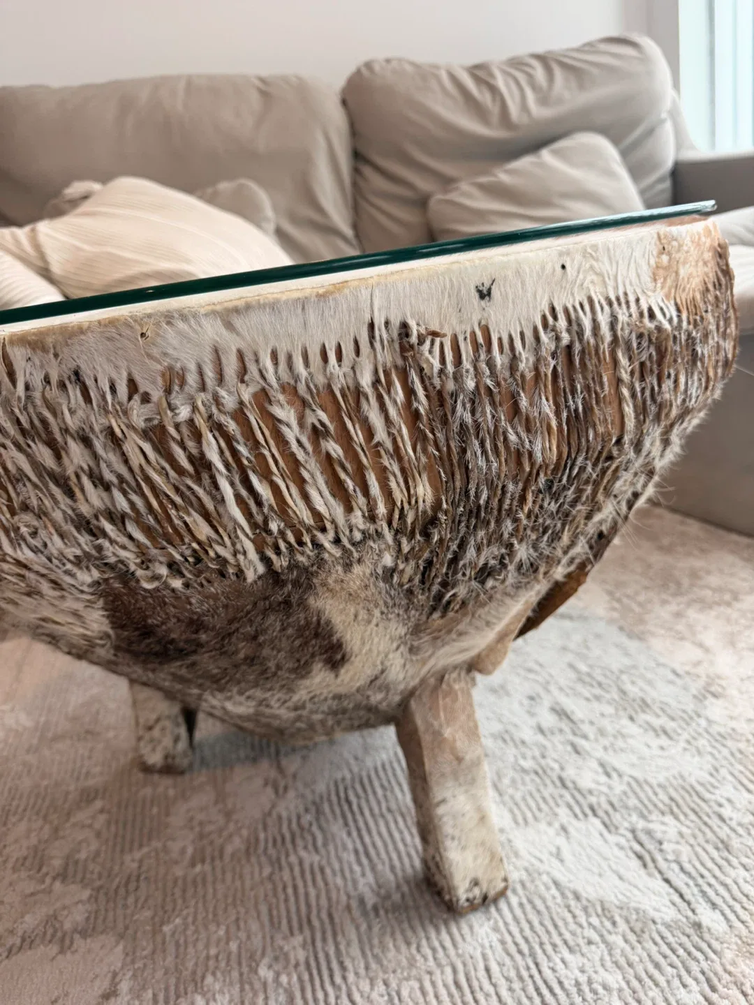 Round Cowhide Coffee Table with Glass Top - photo 4