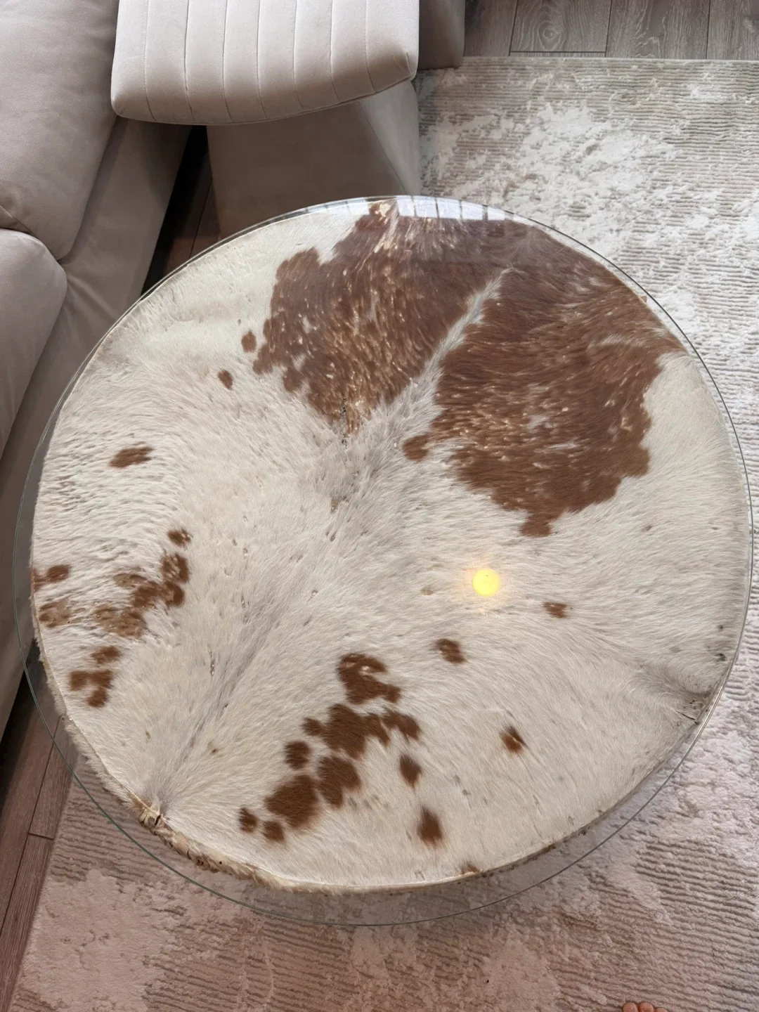 Round Cowhide Coffee Table with Glass Top