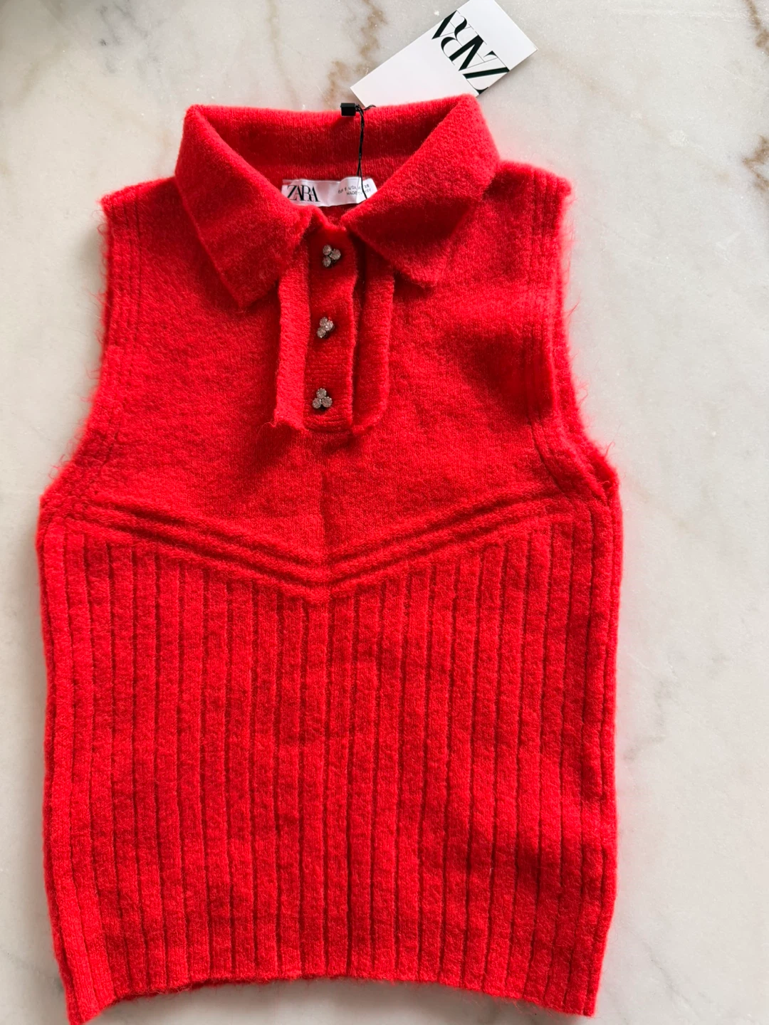 Zara Red Sleeveless Collared Knit Vest