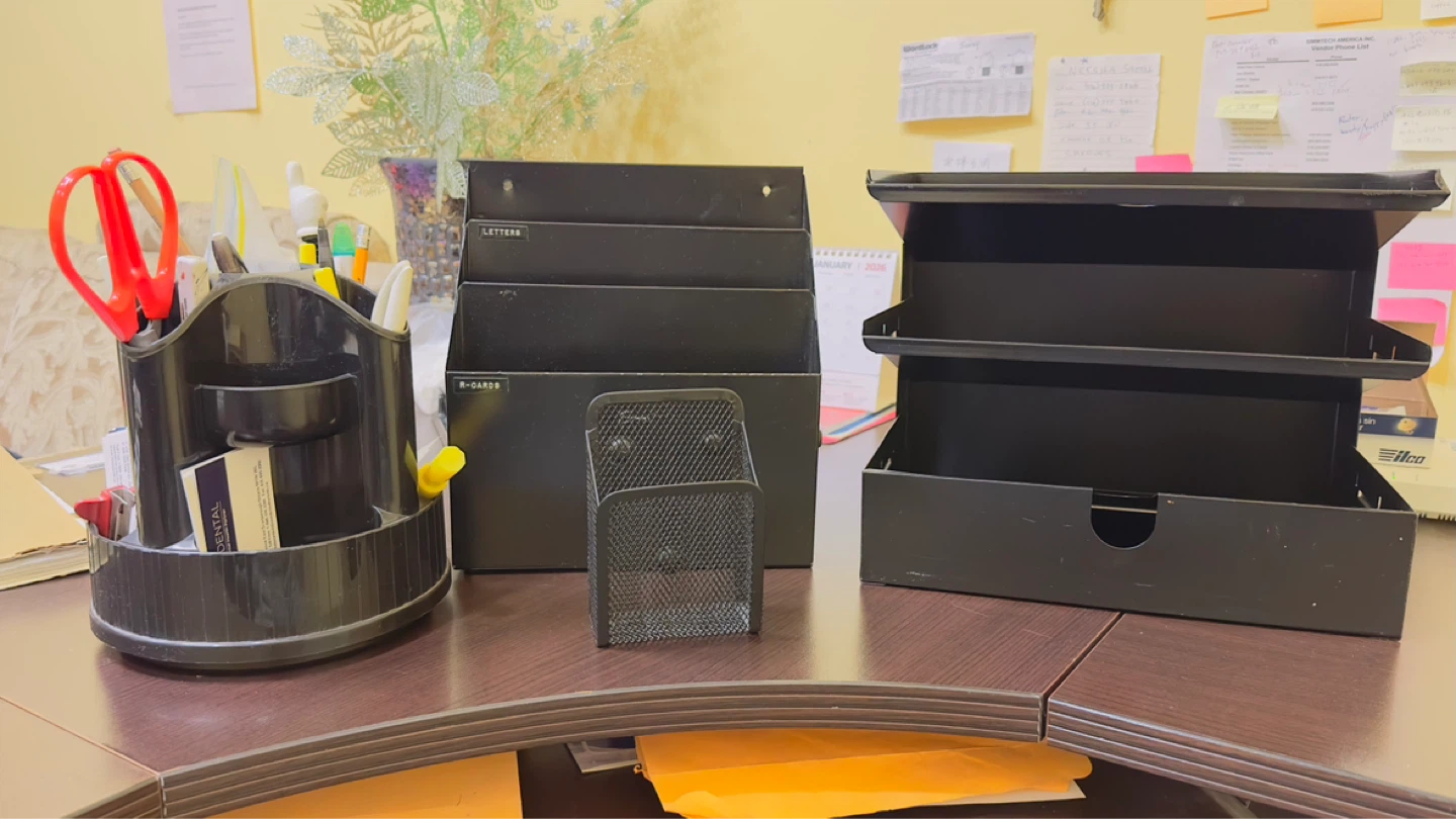 Black Desk Organizer Set - Letter Sorter, Pen Holder, and Tray