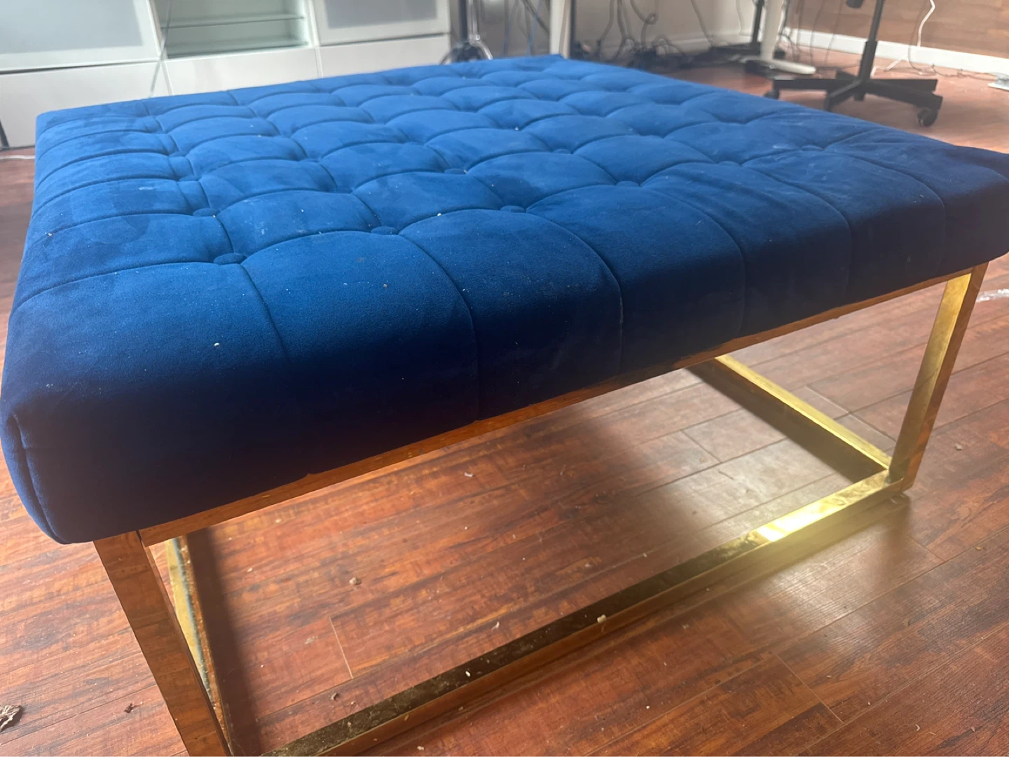 Blue Velvet Tufted Square Ottoman with Gold Legs