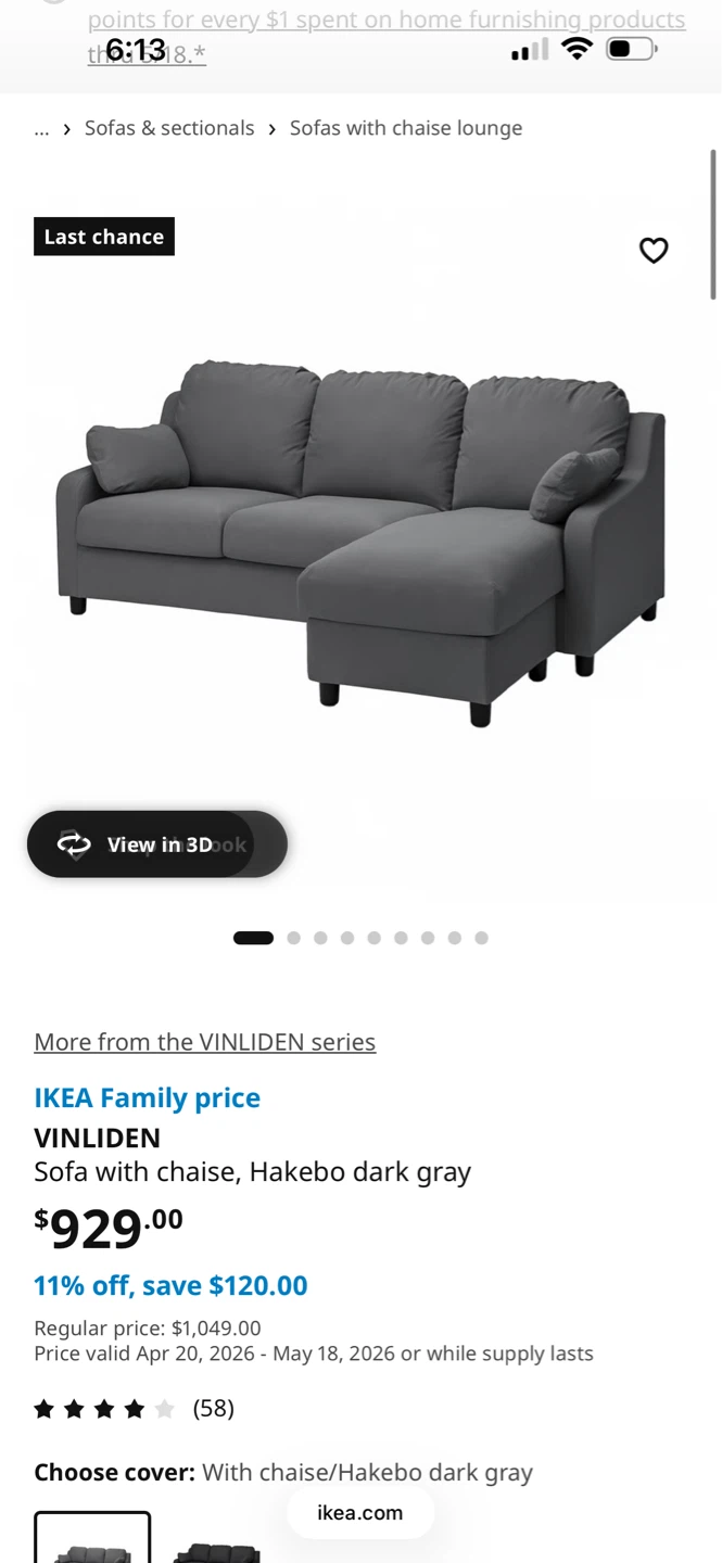 IKEA VINLIDEN Sofa with Chaise Lounge - Dark Gray - photo 2