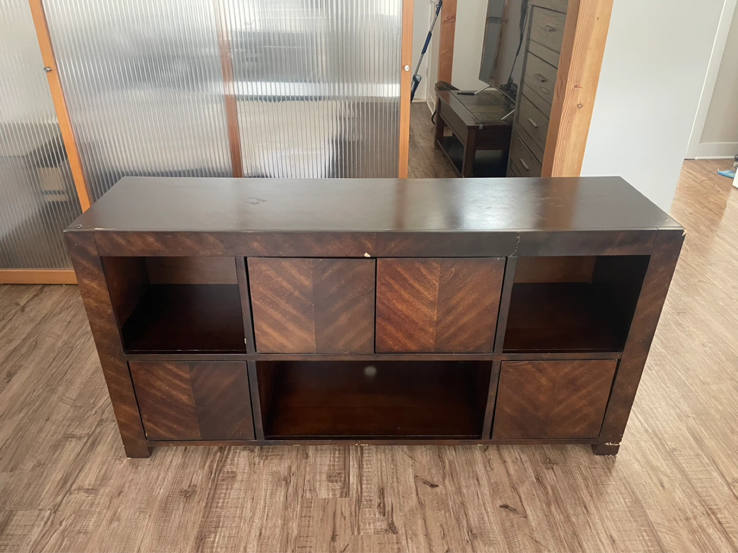 Dark Wood Media Console with Doors and Shelves