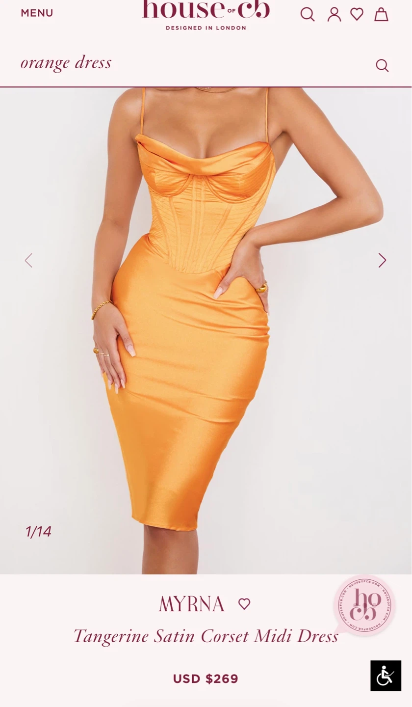 House of CB Myrna Tangerine Satin Corset Midi Dress