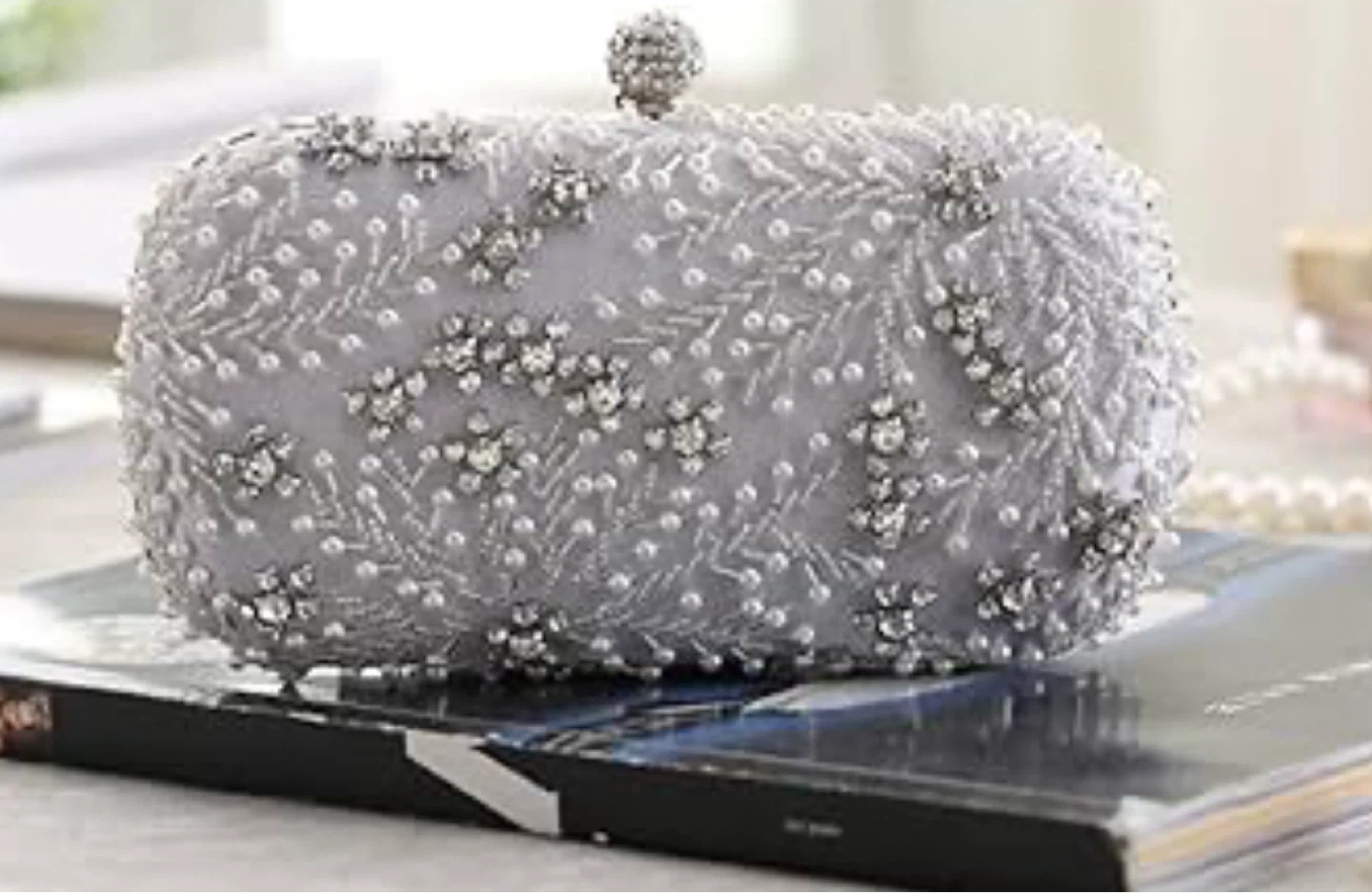 Grey Beaded Clutch Evening Bag with Rhinestones - photo 3