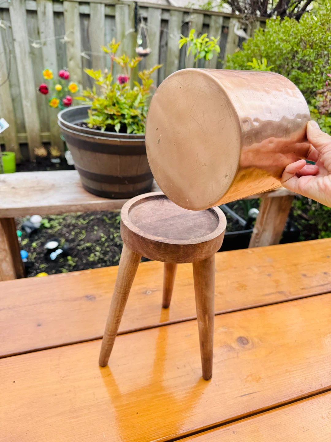 Plant Stand - Copper Planter on Wooden Stand - photo 3