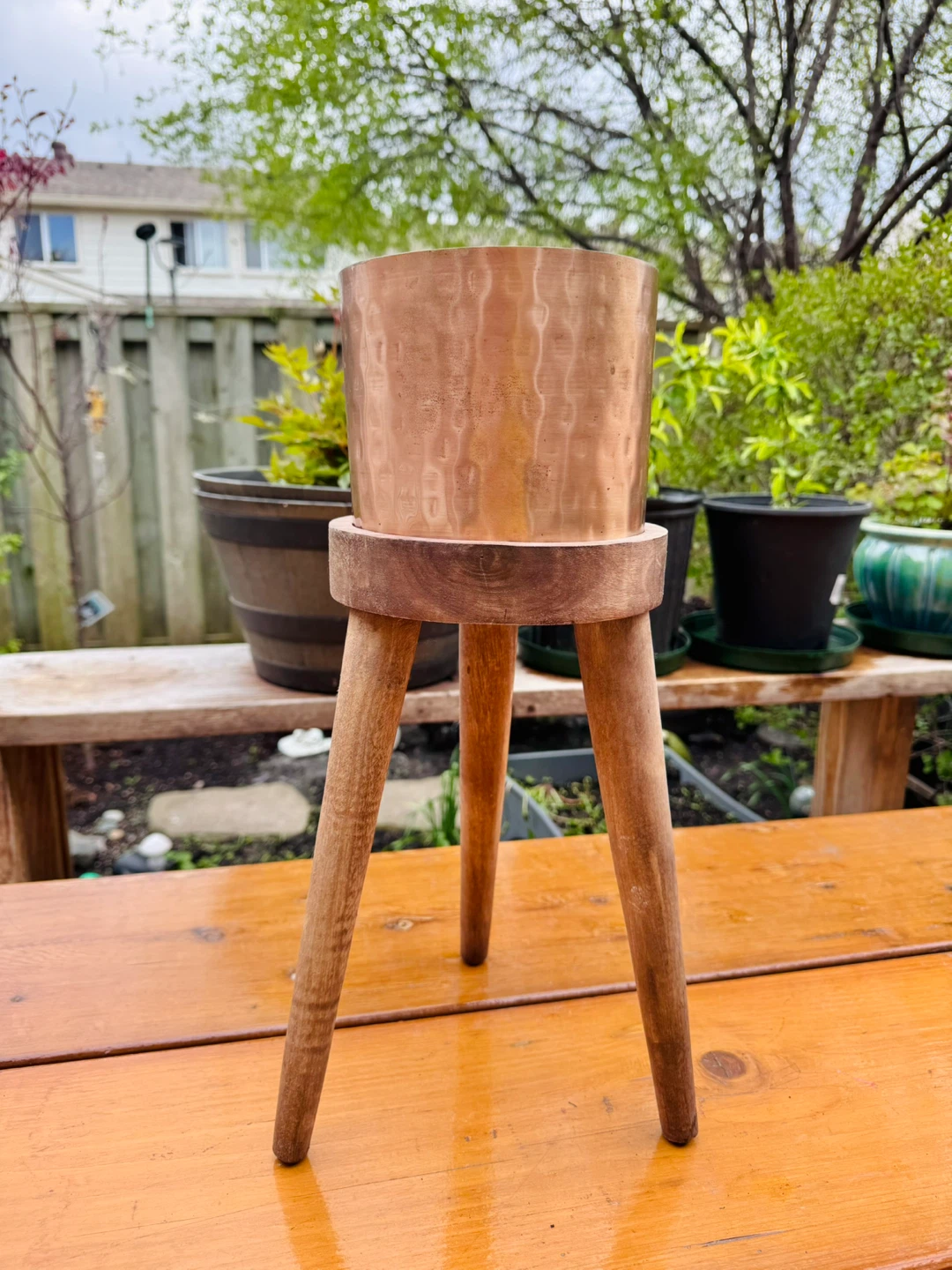 Plant Stand - Copper Planter on Wooden Stand