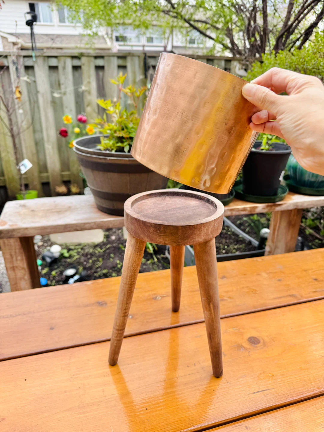 Plant Stand - Copper Planter on Wooden Stand - photo 2