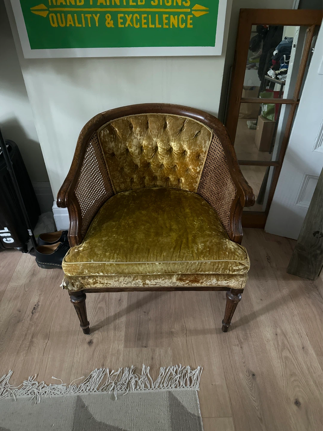 Vintage Cane Back Armchair - Gold Velvet
