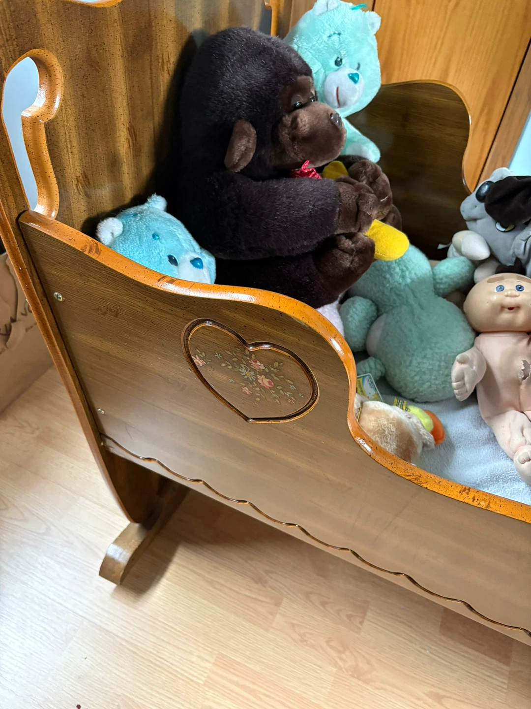 Vintage Wooden Baby Cradle with Stuffed Animals - photo 2