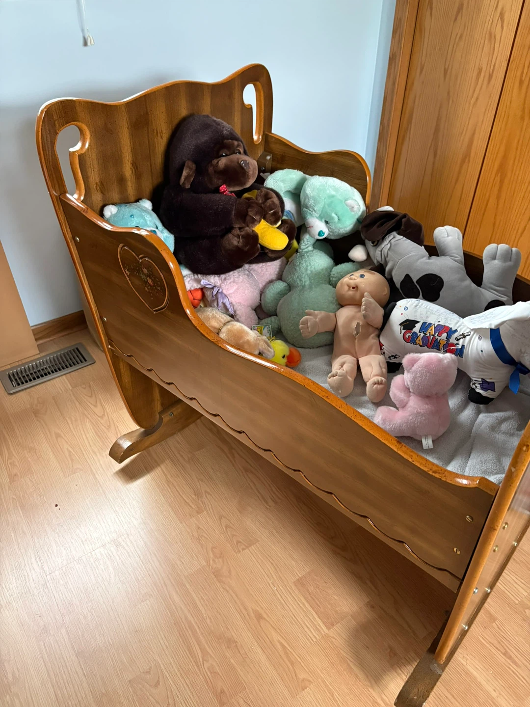 Vintage Wooden Baby Cradle with Stuffed Animals
