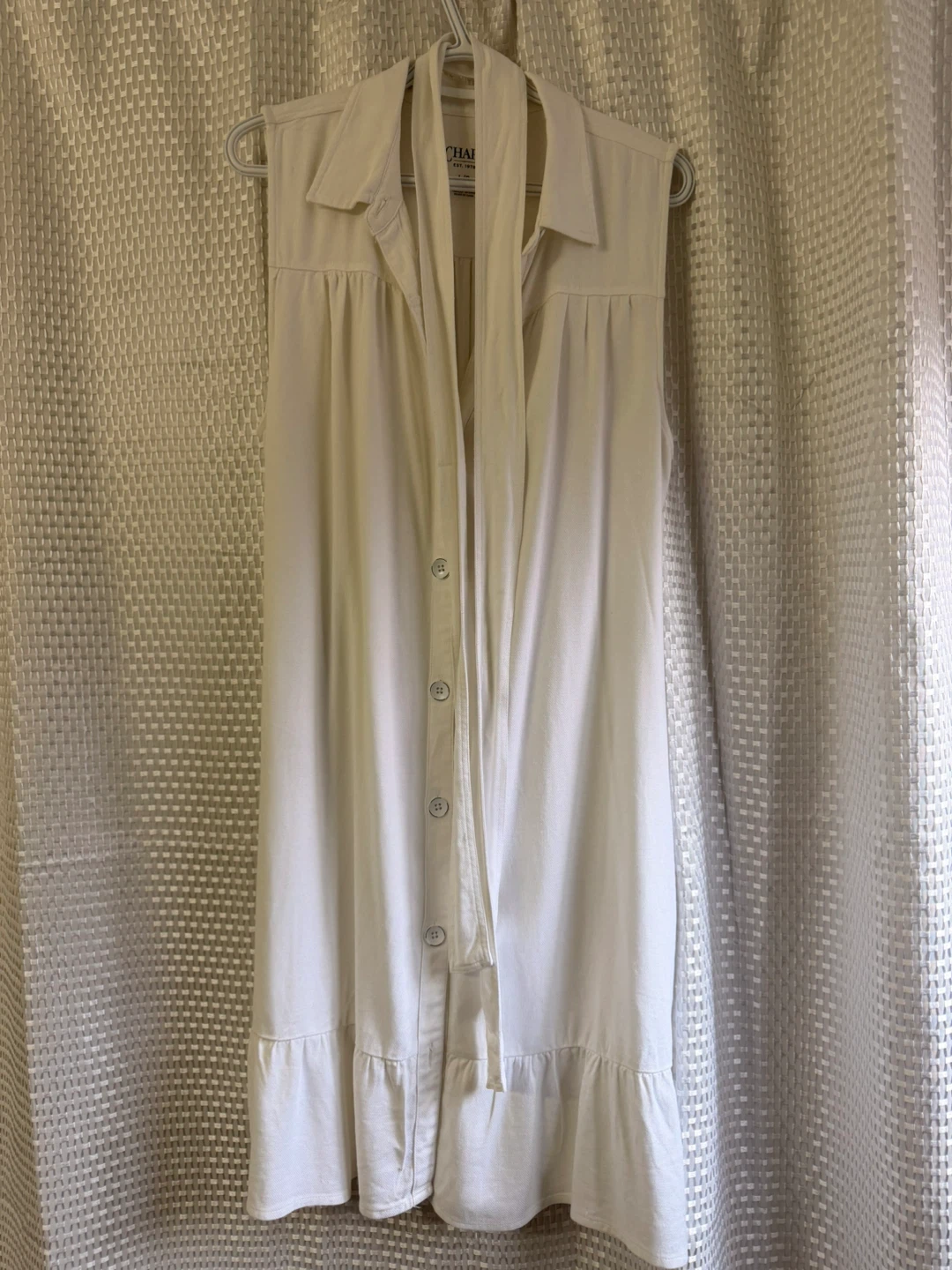 Chaps Sleeveless Button-Up Dress with Tie Neck - White, Size L