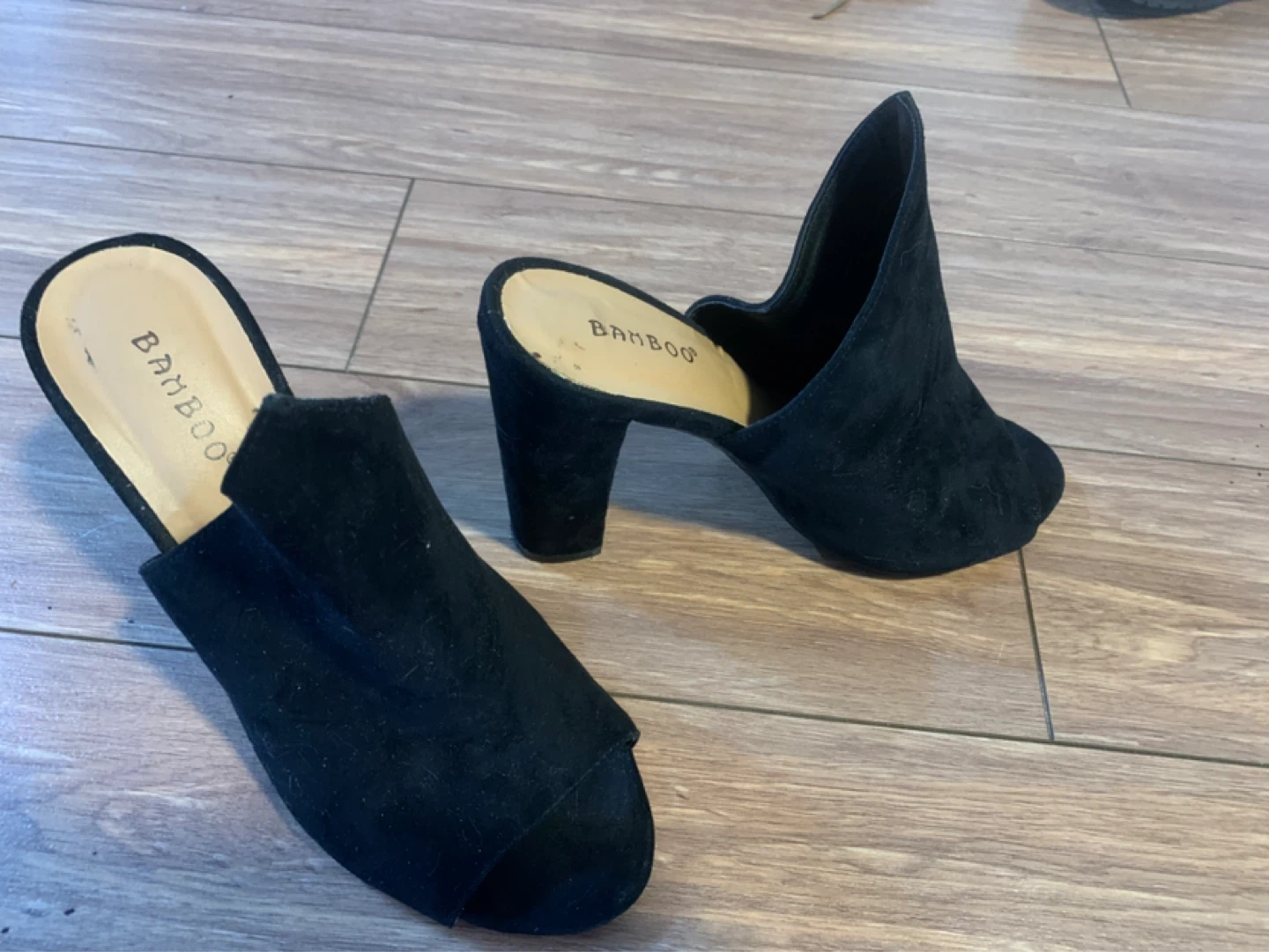 Bamboo Black Suede Block Heel Mules