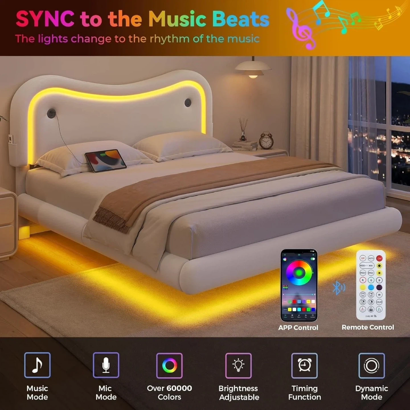 Queen Size Floating Bed Frame LED, Velvet Upholstered - photo 2