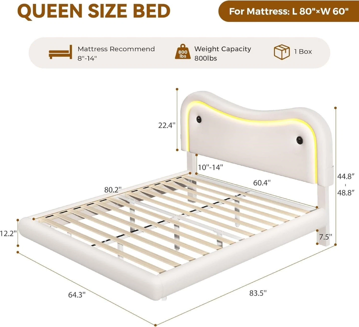 Queen Size Floating Bed Frame LED, Velvet Upholstered