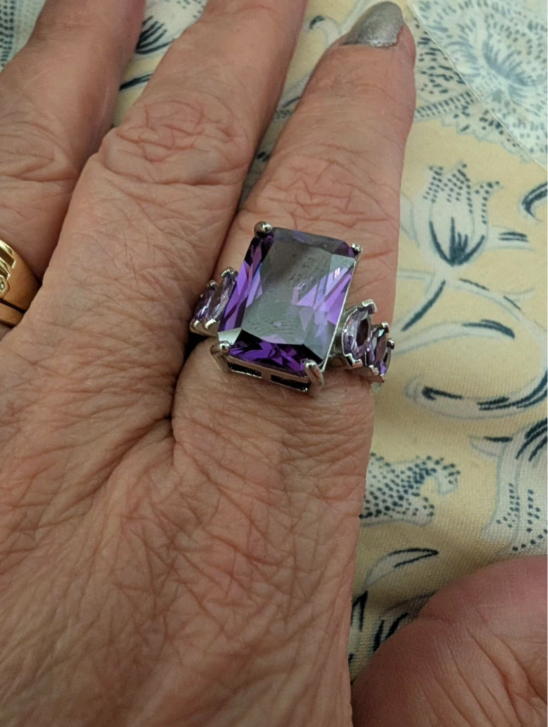 Large Rectangular Amethyst Ring with Silver Band