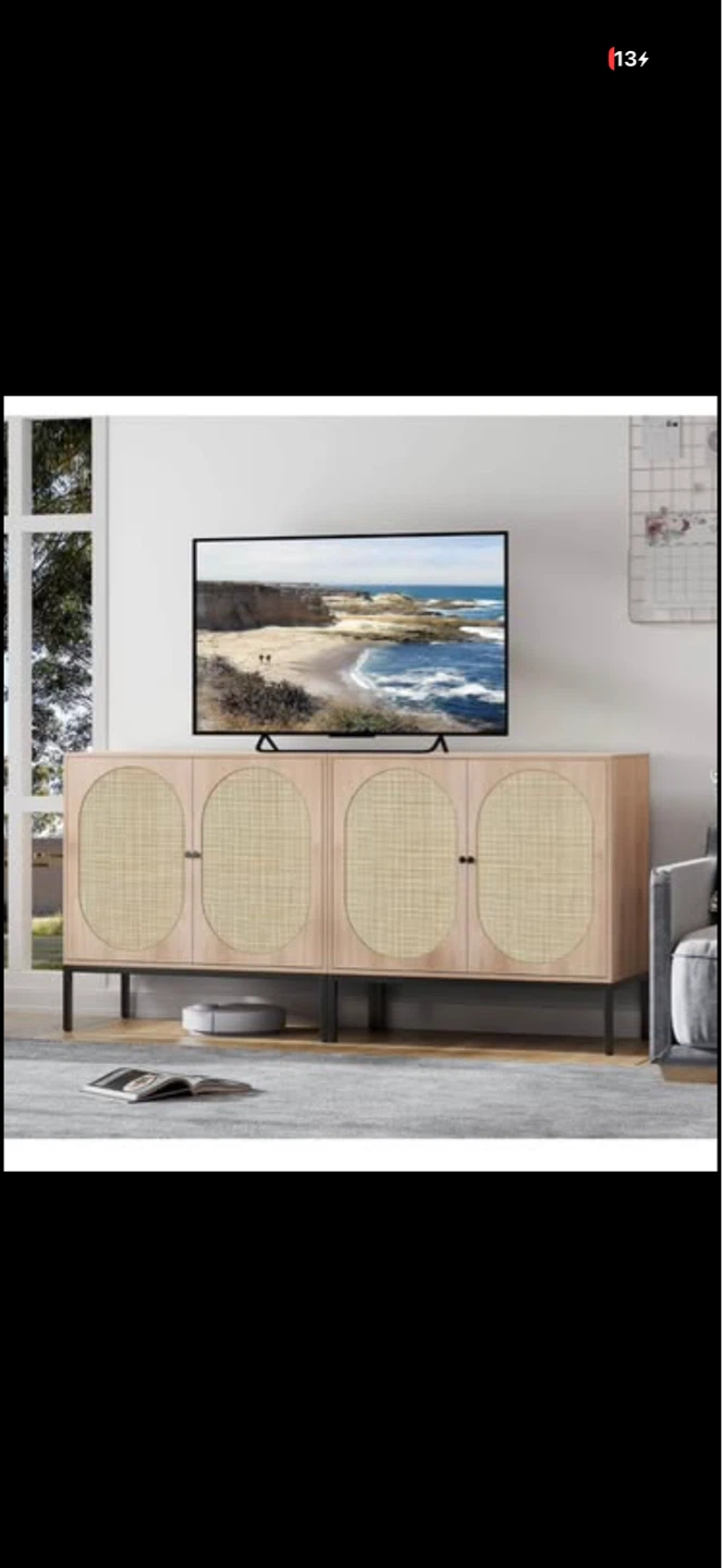 2-Door Rattan Cabinet with Adjustable Feet