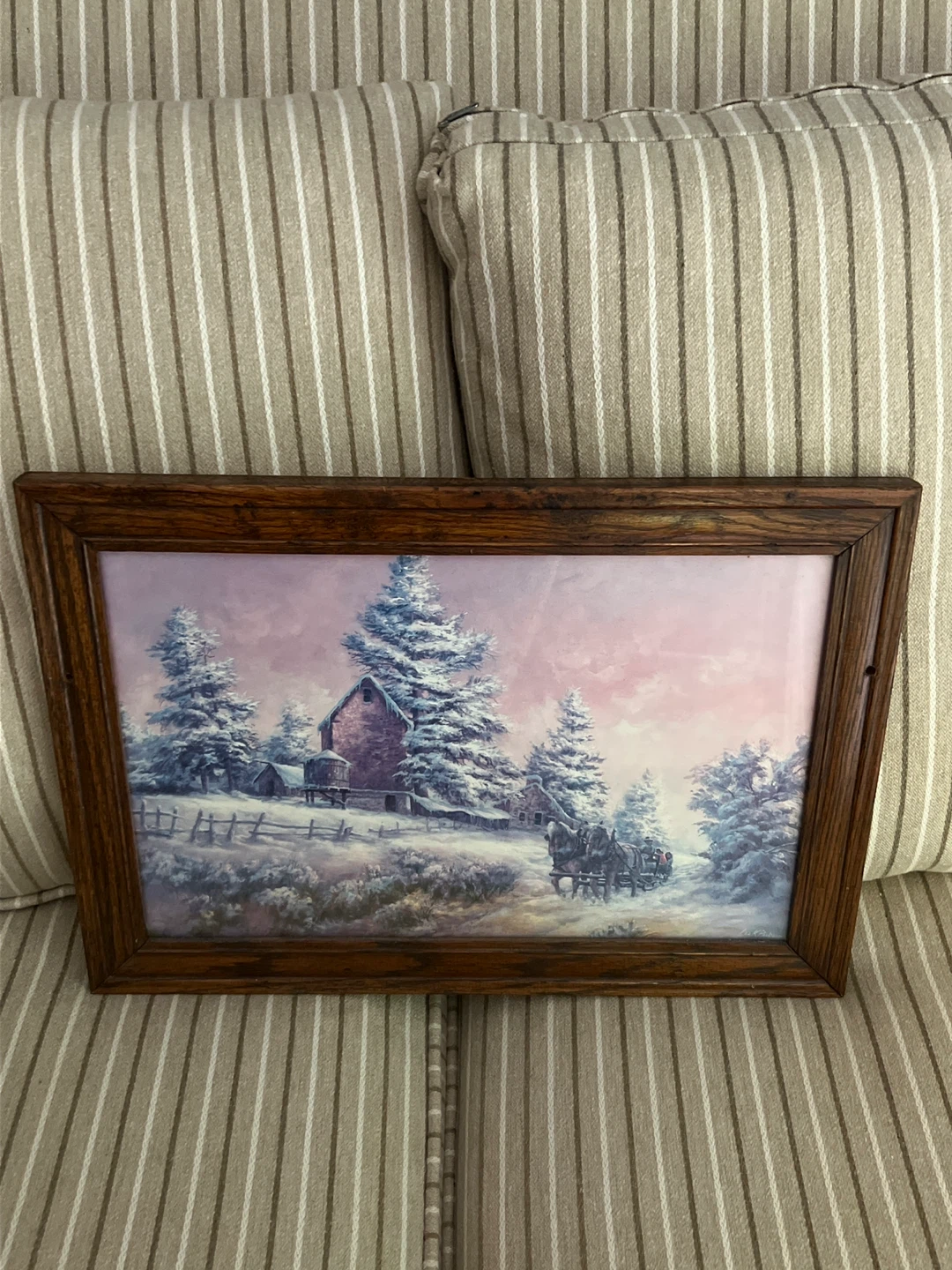 Framed Winter Scene Painting with Horse and Carriage