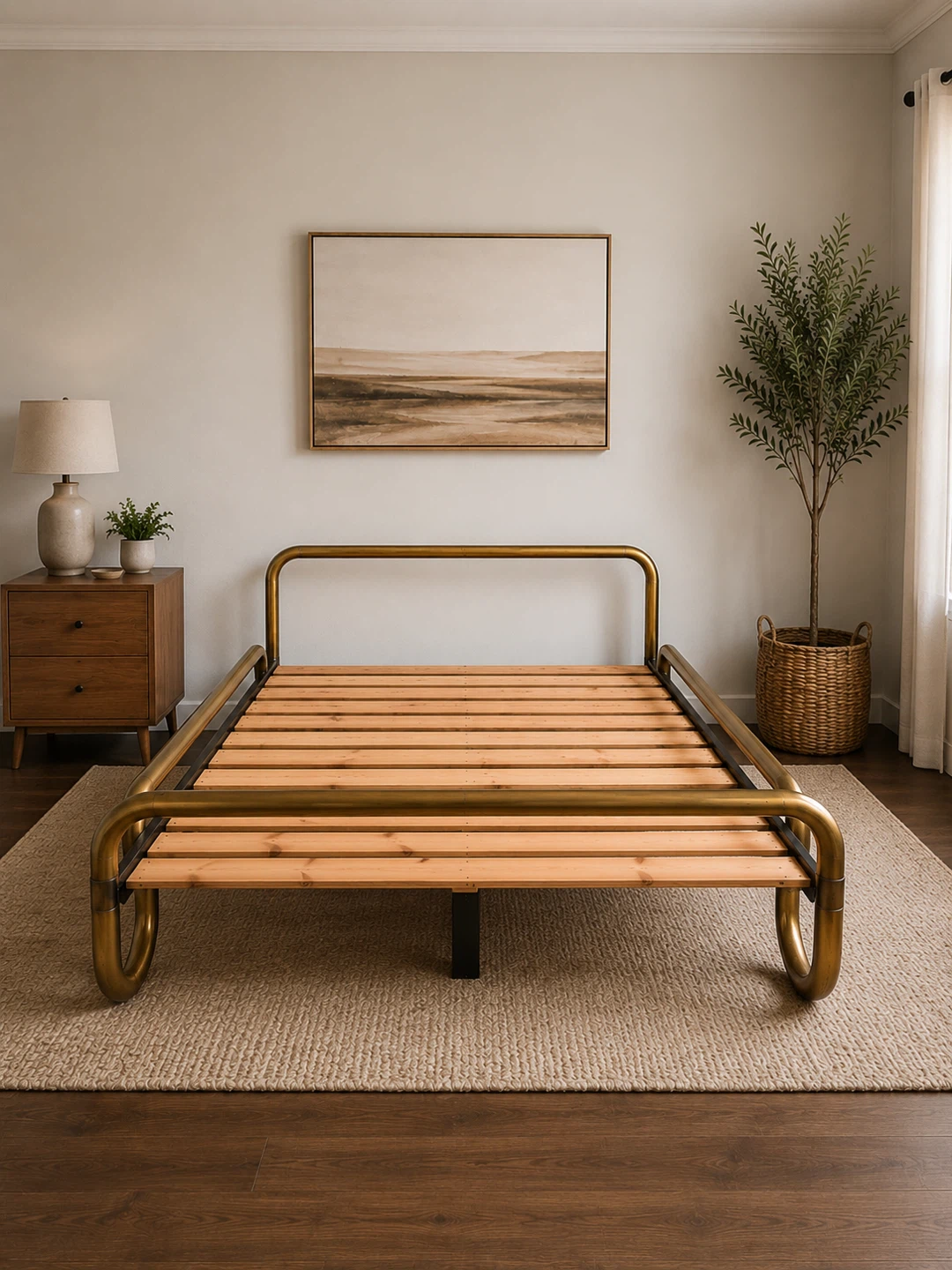 Vintage Brass Tubular Bed Frame with Wooden Slats - photo 2