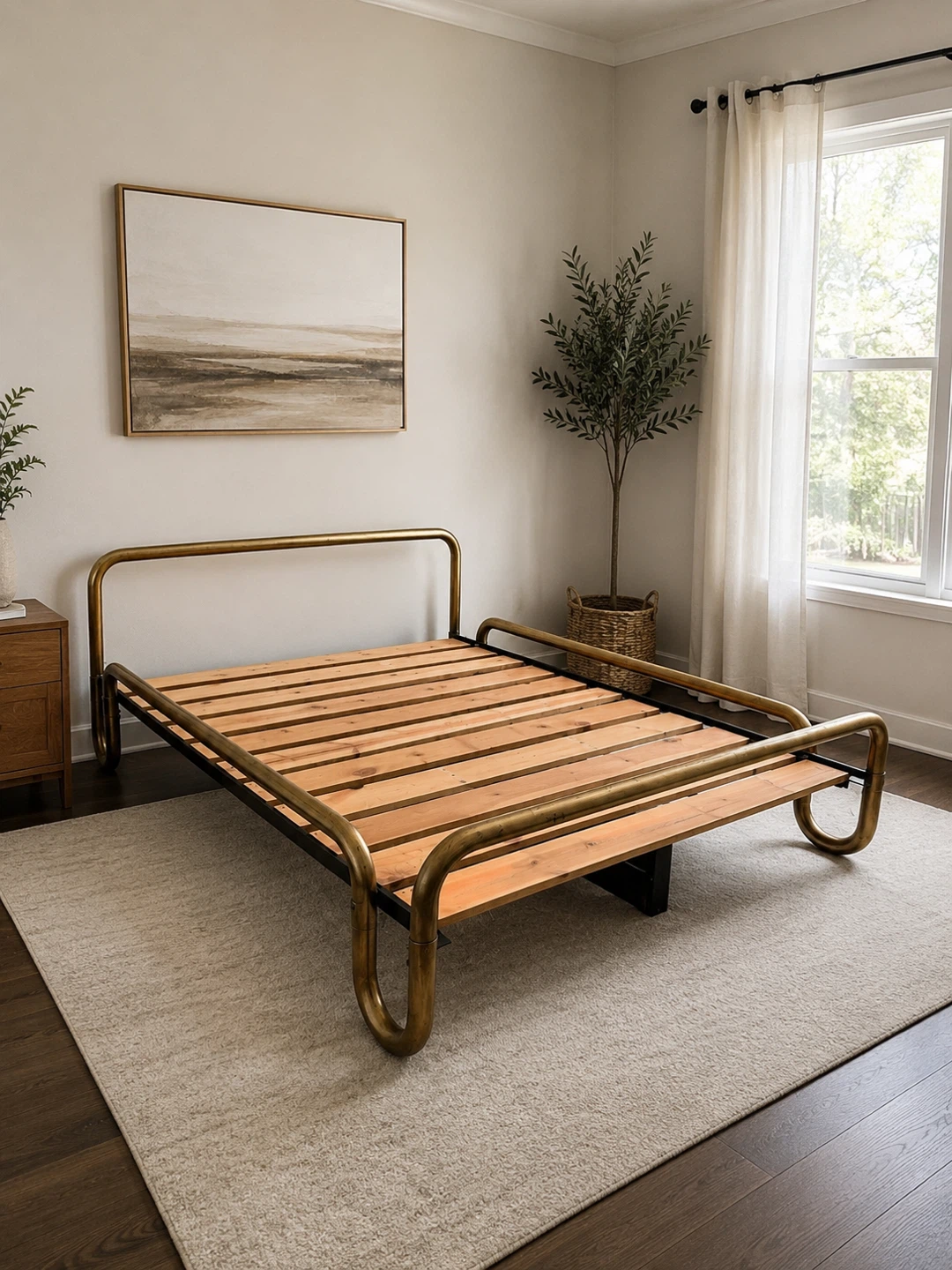 Vintage Brass Tubular Bed Frame with Wooden Slats