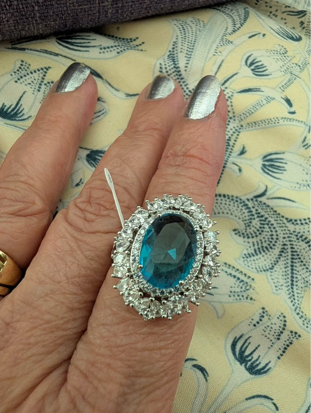 Sparkling Blue Gemstone Statement Ring with Silver Band