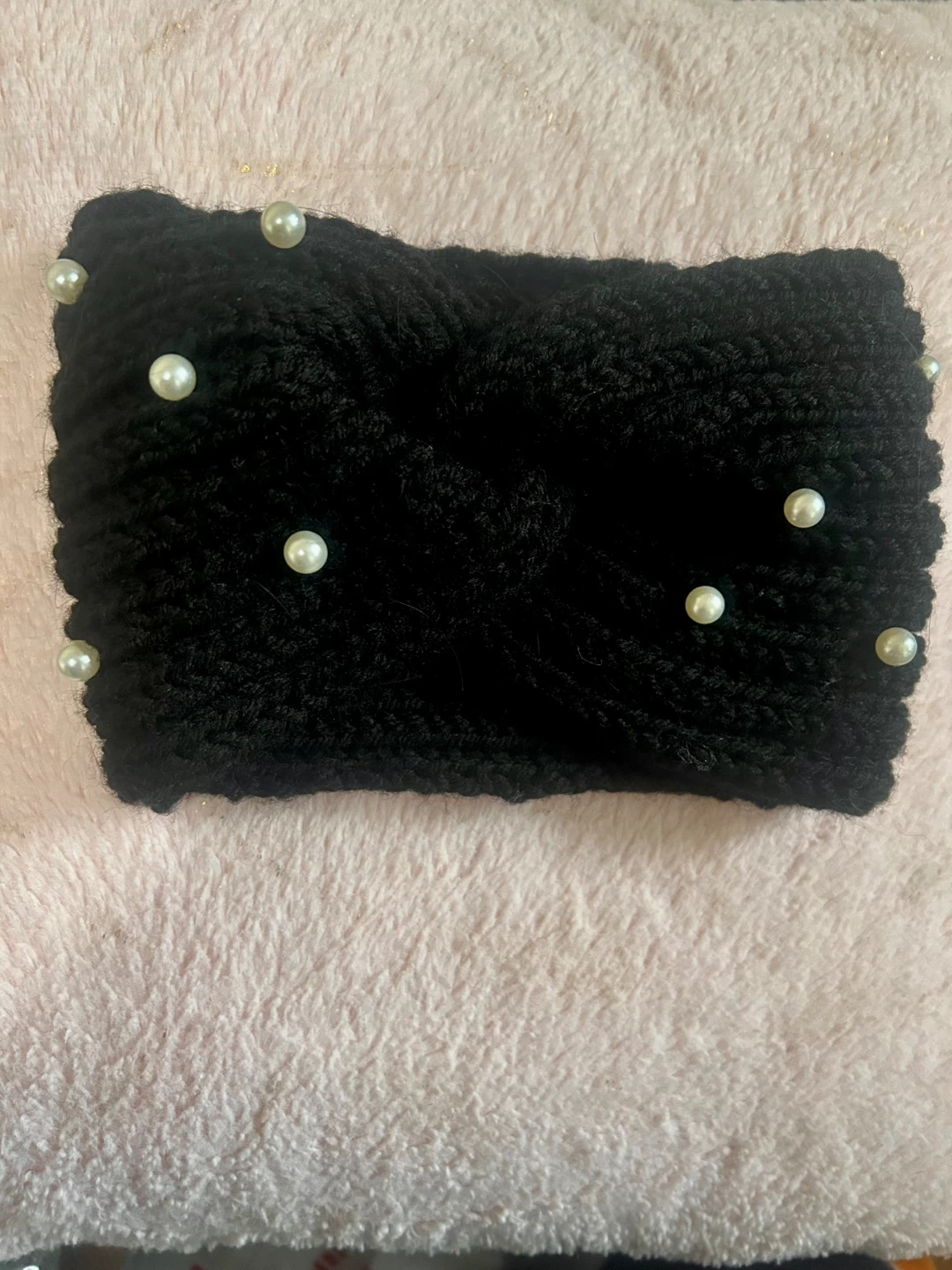 Black Knit Headband with Pearls
