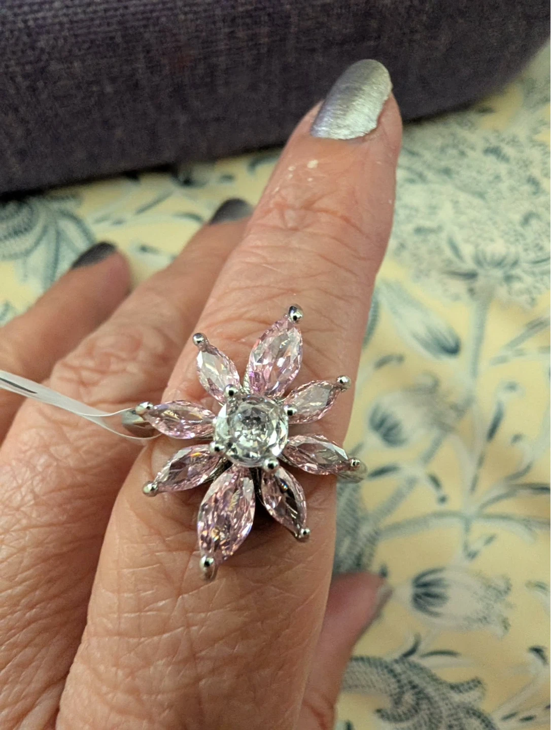 Silver-tone Flower Ring with Pink and Clear Stones