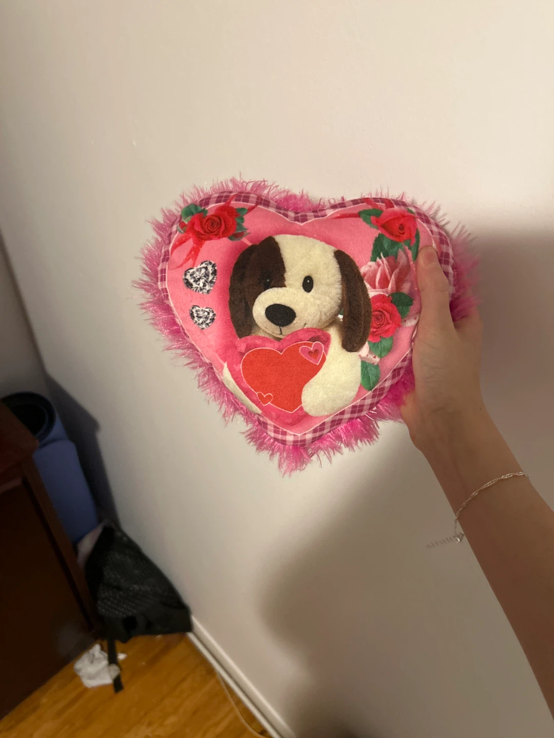 Pink Fuzzy Heart Plush Pillow with Puppy Design