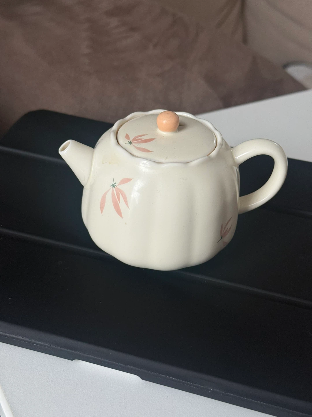 Mini Cream Ceramic Teapot with Pink Leaf Design