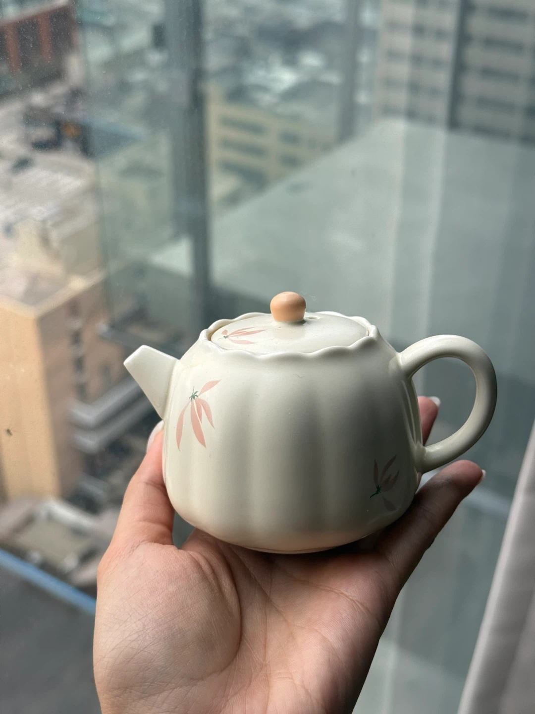 Mini Cream Ceramic Teapot with Pink Leaf Design - photo 2