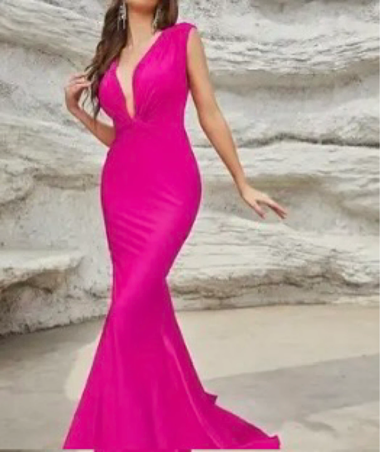 Women's V-neck Mermaid Gown - Hot Pink