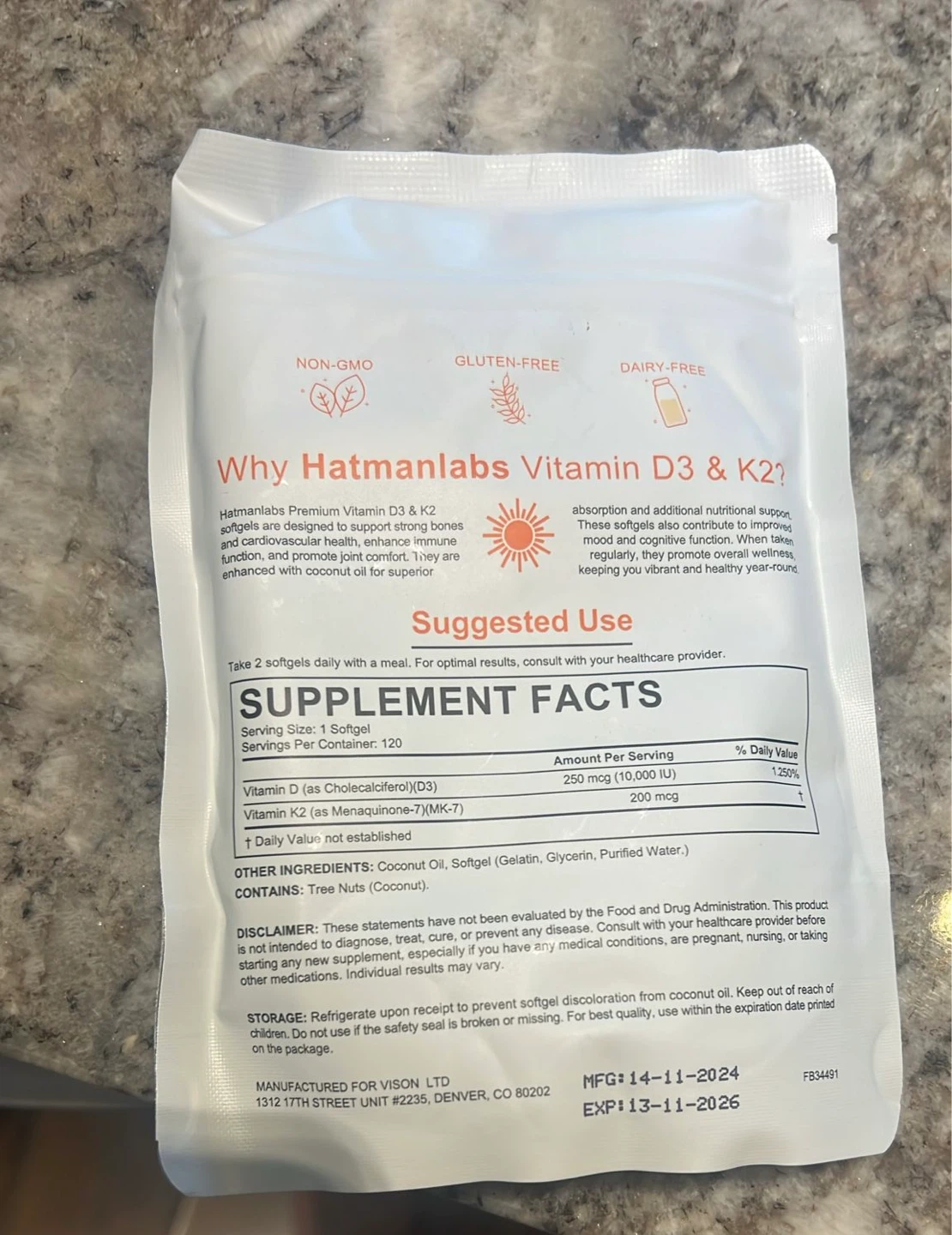 Halman Labs Premium Vitamin D3 & K2 Softgels (120 Count) - photo 2