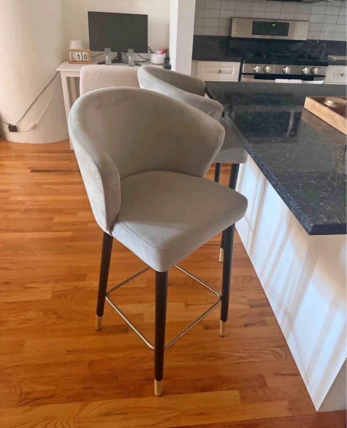 Gray Velvet Bar Stools with Gold Accents - photo 2
