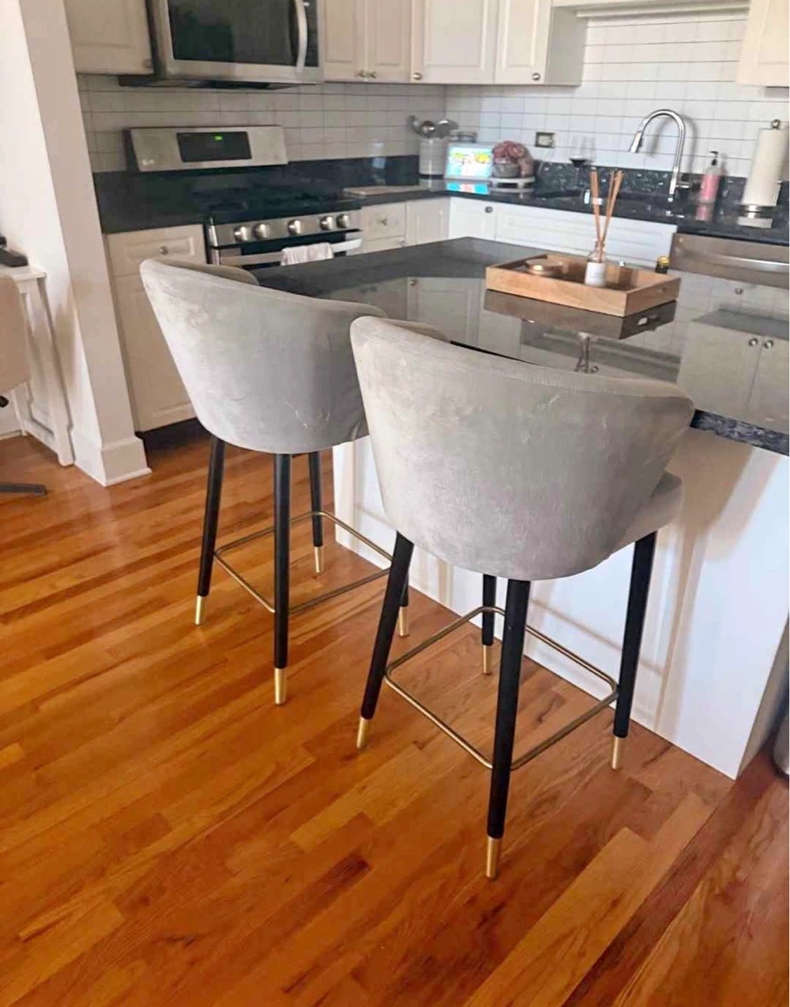 Gray Velvet Bar Stools with Gold Accents