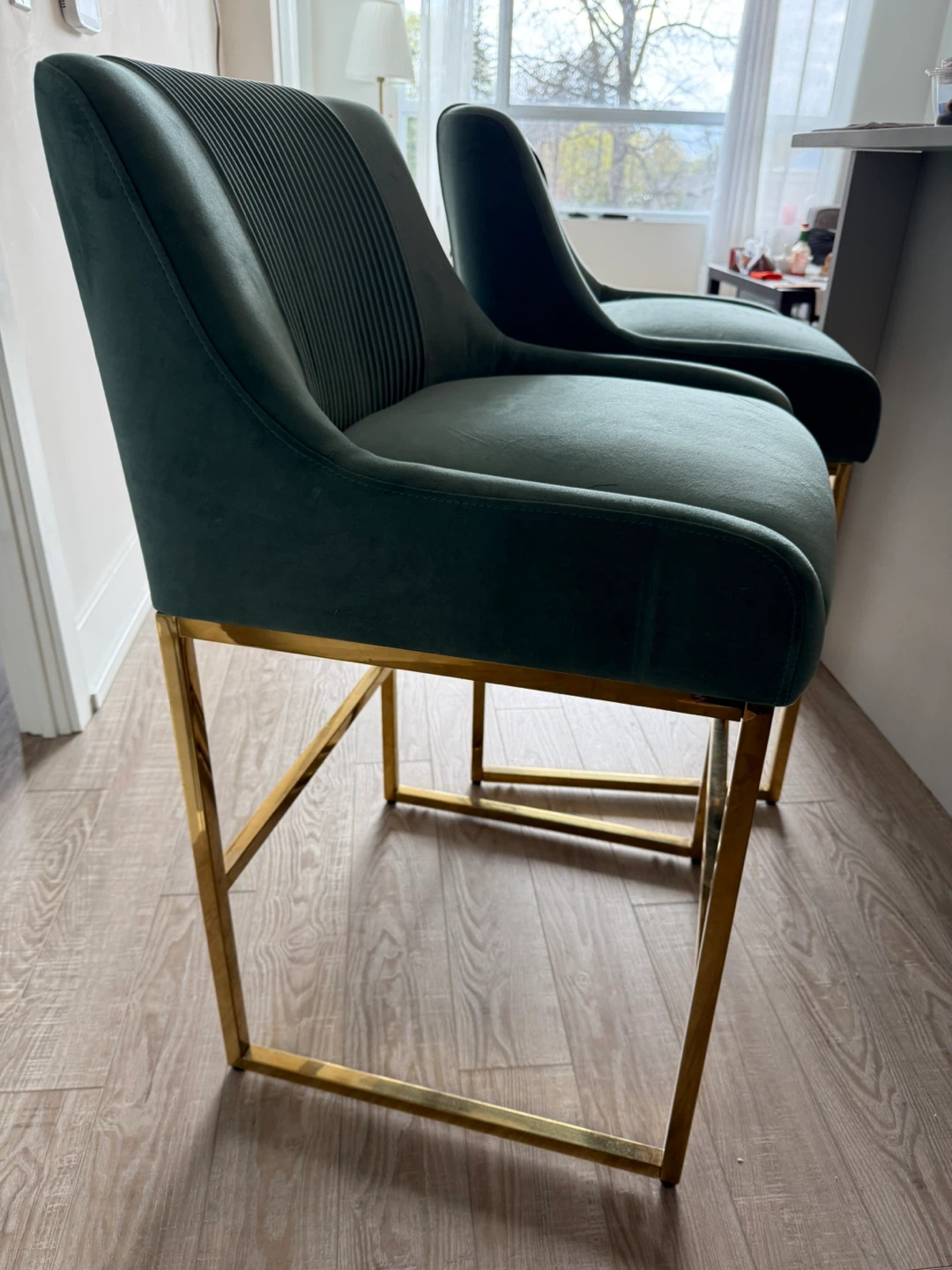 Set of 2 Teal Velvet Bar Stools with Gold Legs - photo 2