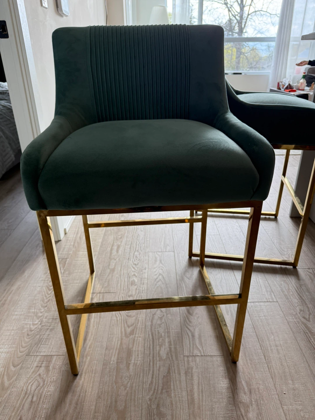 Set of 2 Teal Velvet Bar Stools with Gold Legs - photo 3