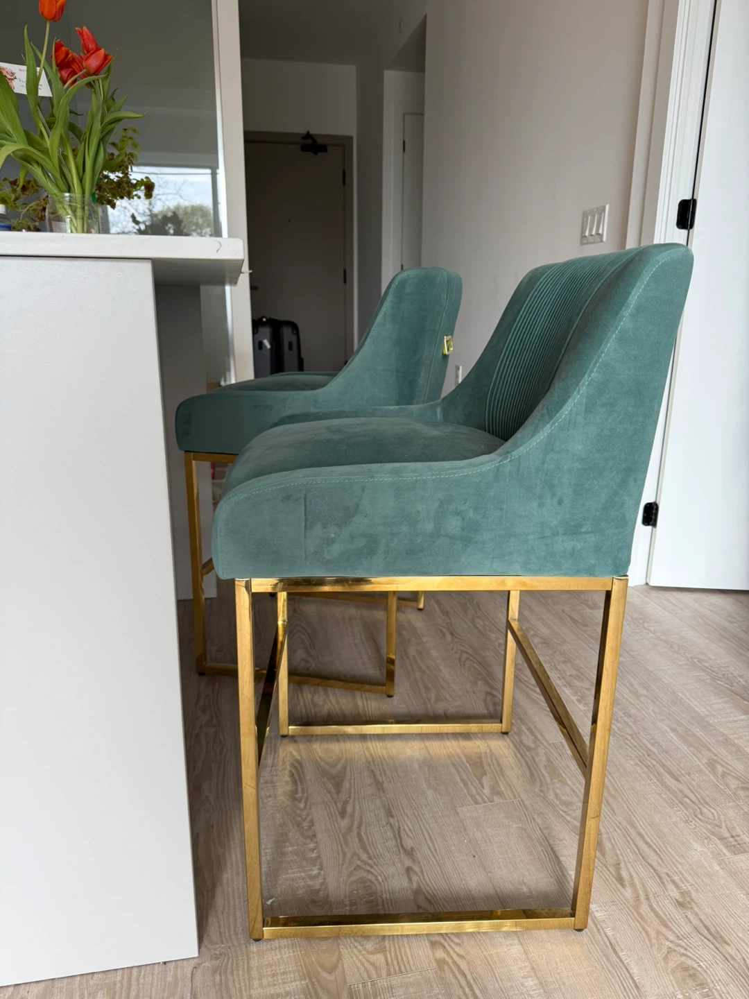 Set of 2 Teal Velvet Bar Stools with Gold Legs
