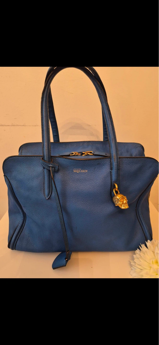 Alexander McQueen Blue Leather Tote Bag with Skull Charm