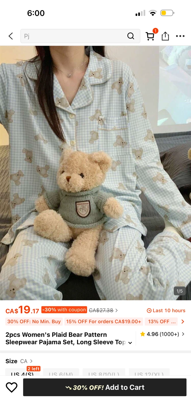 Women's Plaid Bear Pattern Pajama Set