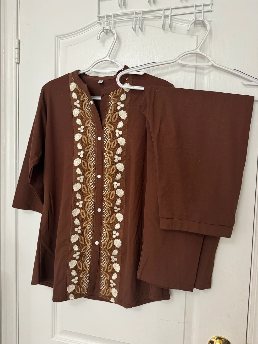 Brown Embroidered Kurti and Pants Set